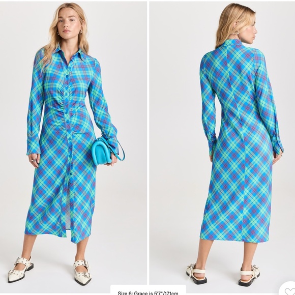 KITRI Lennox Blue Check Ruched Shirt Dress - Size Small - Picture 1 of 14